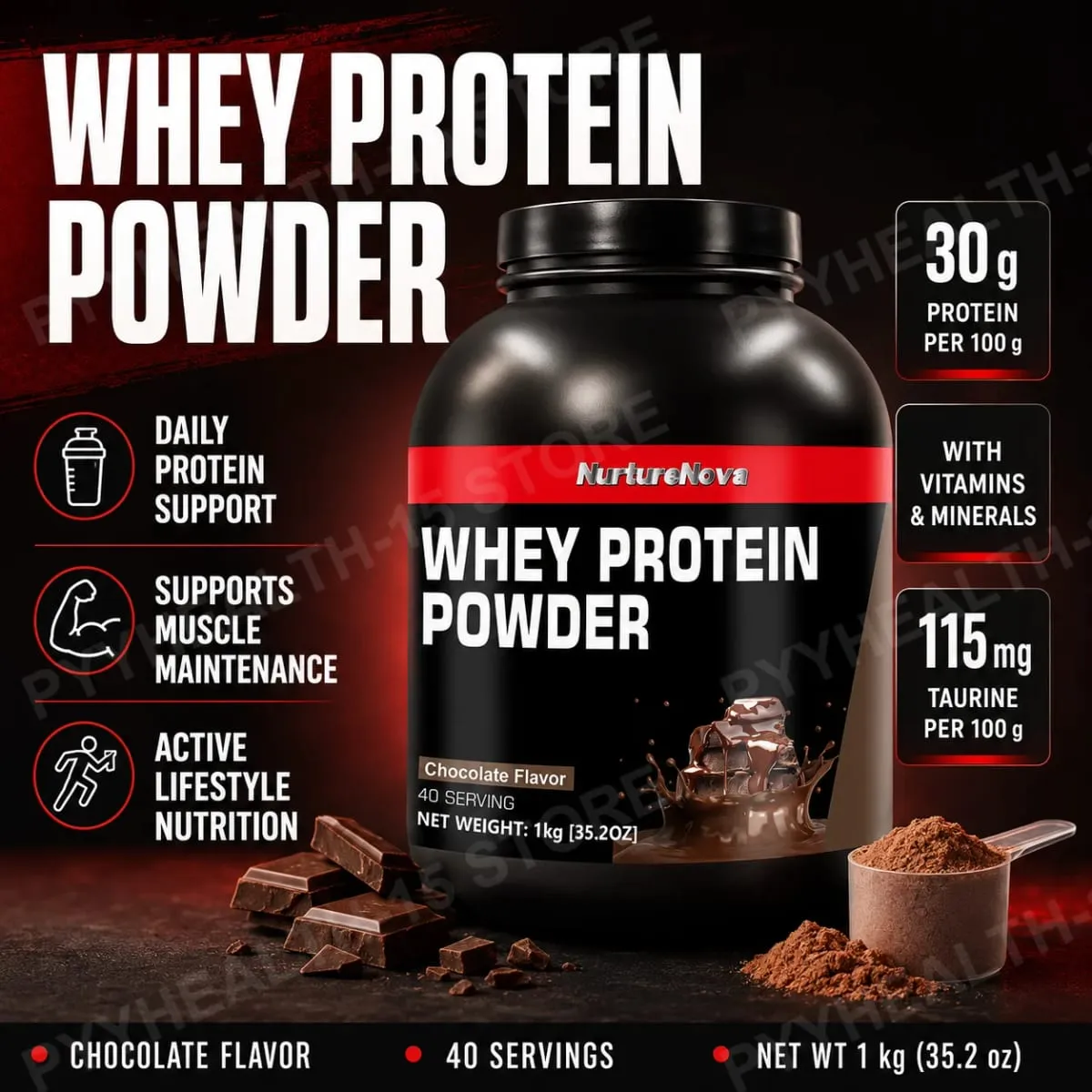 NurtureNova Chocolate Whey Protein Powder com Vitaminas Minerais Taurina para Suporte de Recuperação de Manutenção Muscular 1kg 40 Porções