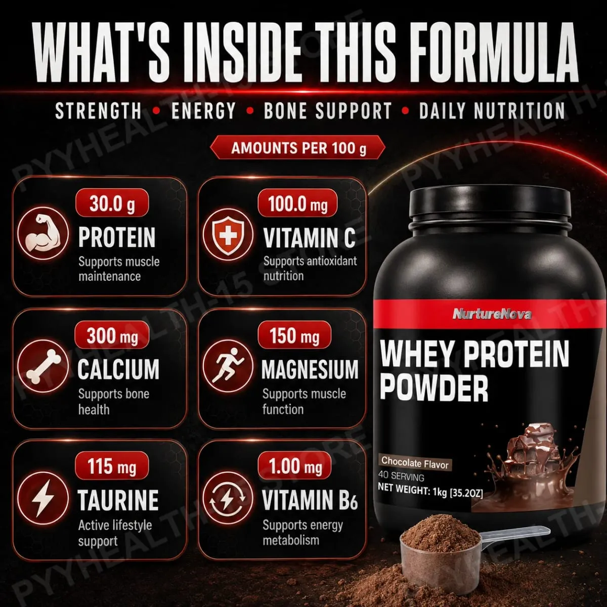 NurtureNova Chocolate Whey Protein Powder com Vitaminas Minerais Taurina para Suporte de Recuperação de Manutenção Muscular 1kg 40 Porções