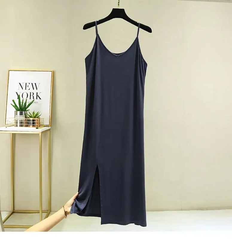 Vestido feminino modal completo deslizante, roupa íntima, alça longa, sólida, camisola, anágua interna, íntima