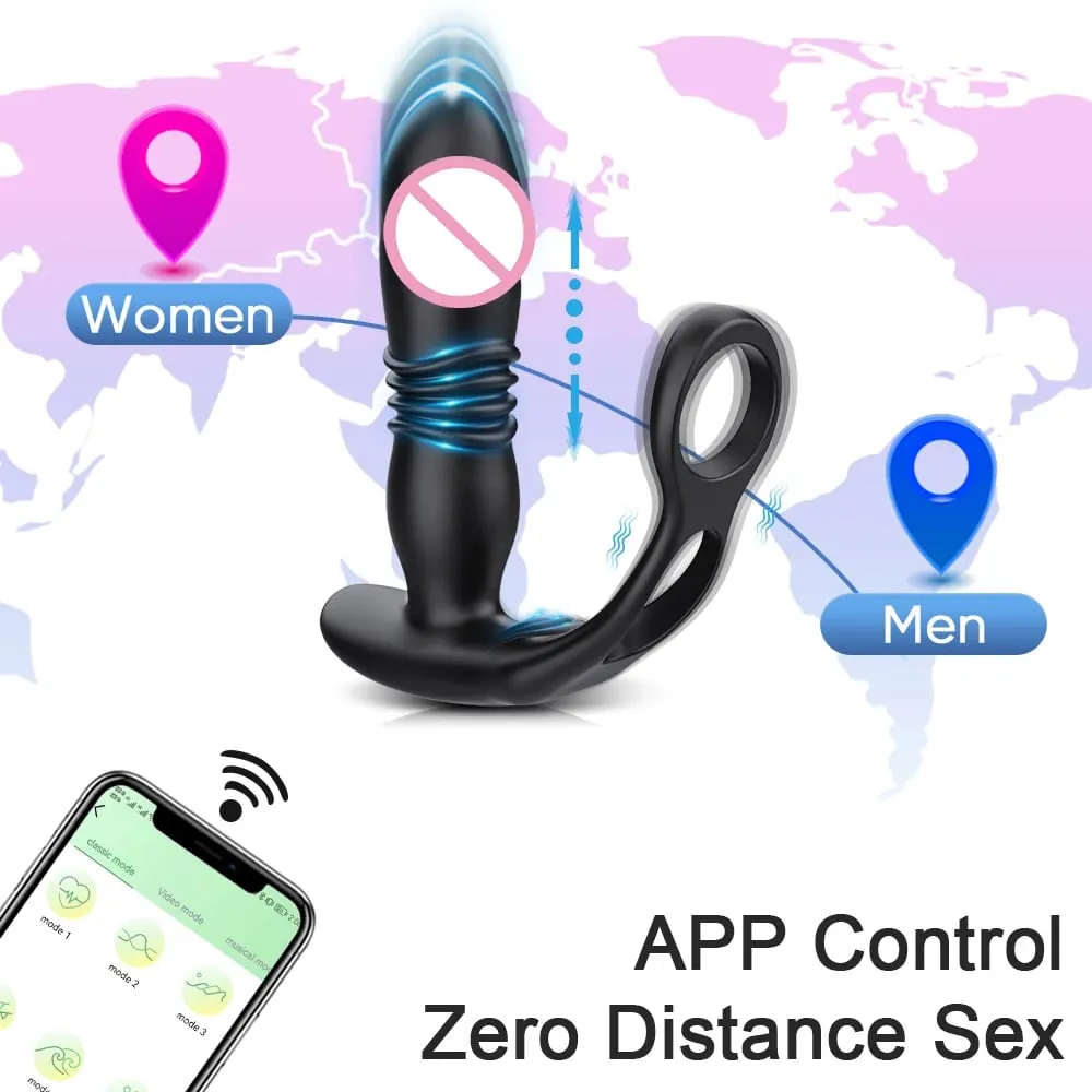 Empurrando Butt Plug para Homens Massageador de Próstata APP Vibrador Anal Telescópico Vibratório Anal Plug Estimulador de Próstata Brinquedo Sexual Homens