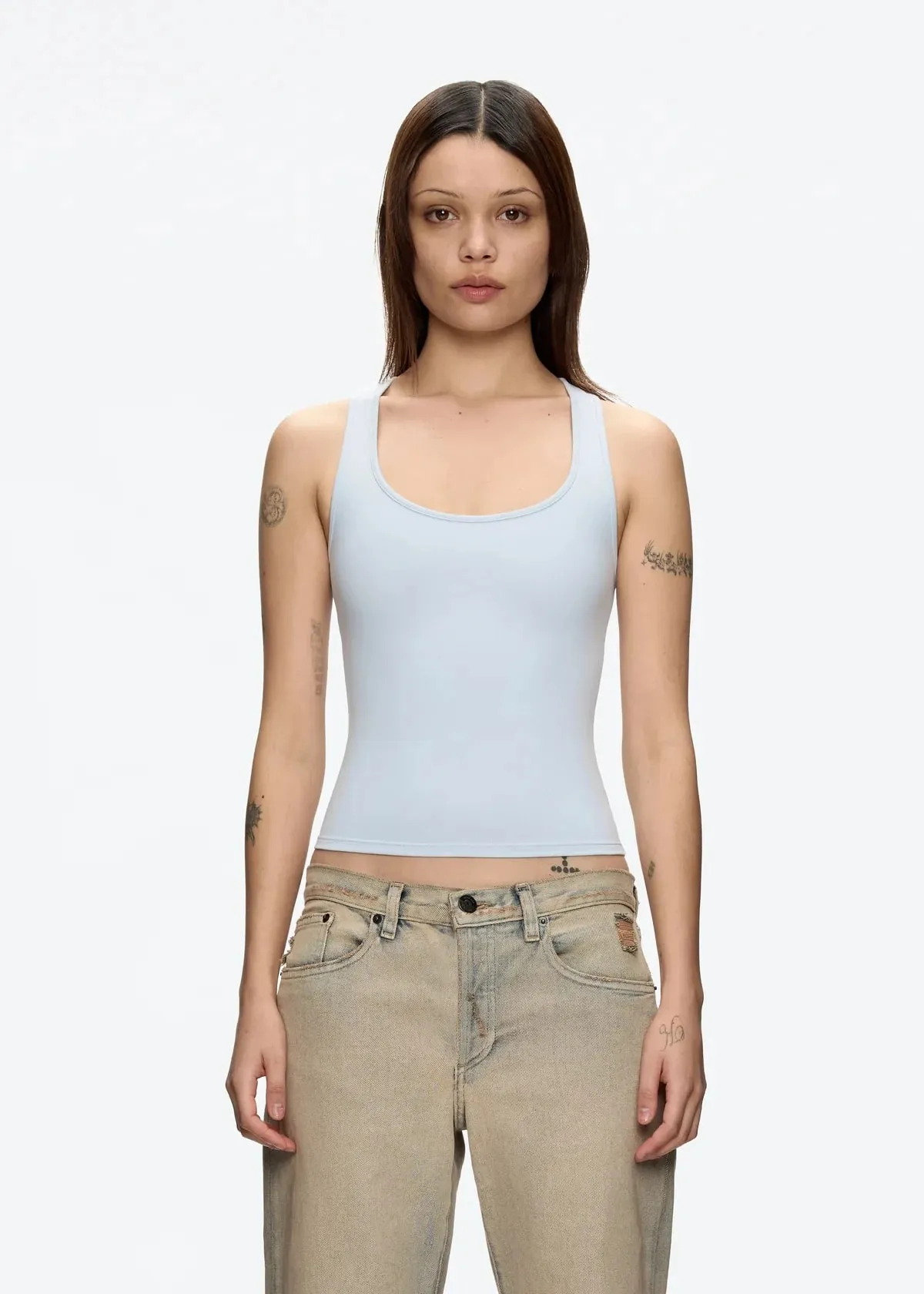 Tanque clássico em forma de X sem costas azul bebê e cinza enevoado multicolorido confortável cintura elástica ajuste justo top sem costas — image 4