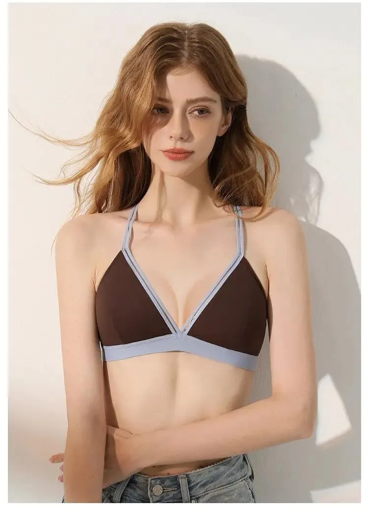 Deep V Triangle Bra for Women Small Bust Slight Gather Thin Strap Beauty Back French Style Seamless Light Soft Lingerie 32-38AB