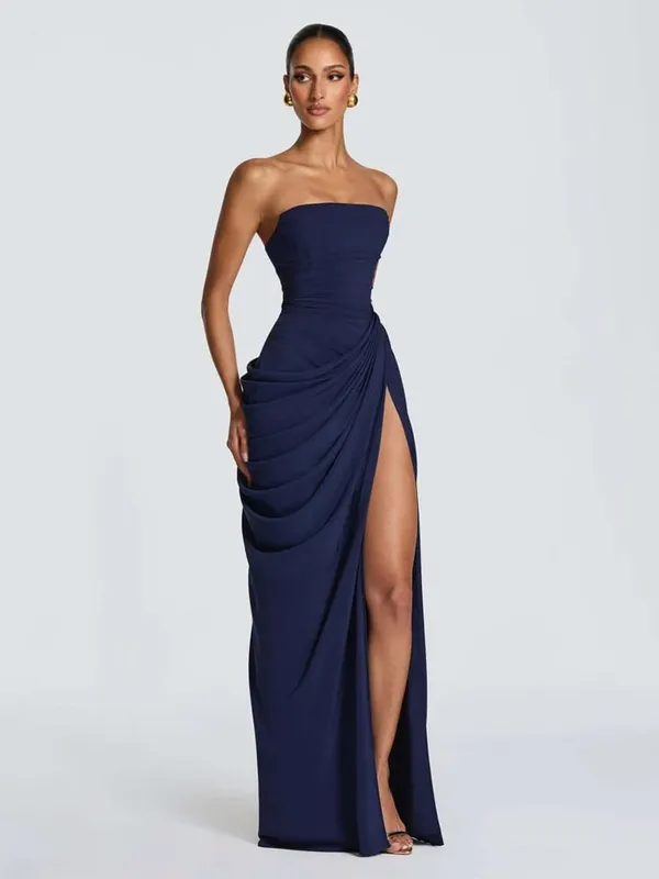 Vestido longo com emenda de malha amarela manteiga, elegante, sem alças, divisão, costas nuas, plissado, para mulheres, 2026, vestidos de festa à noite