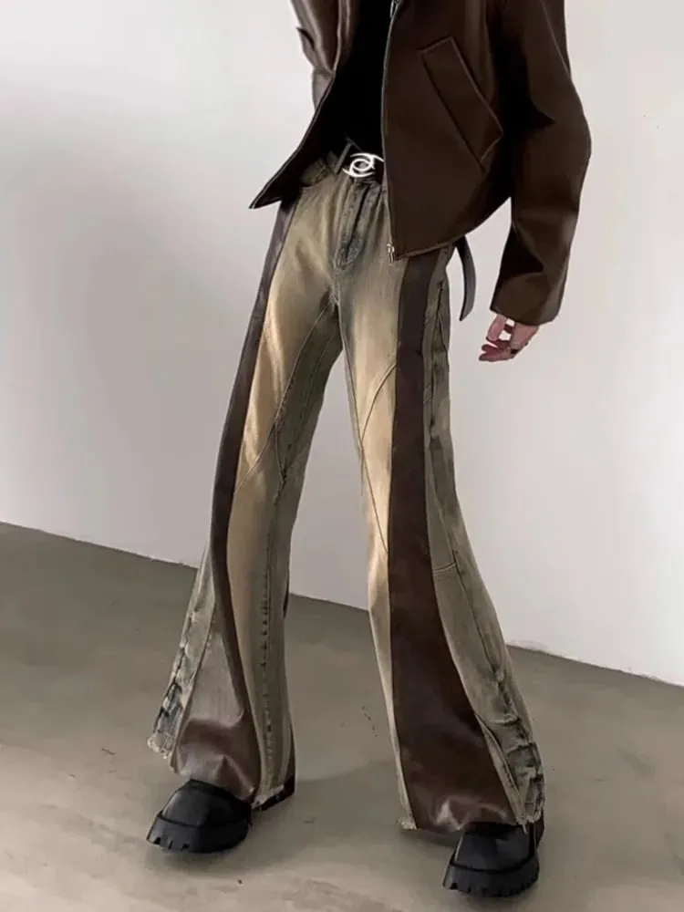 Trashy y2k 2000s couro do plutônio retalhos magro alargamento calças de brim para homens 90s roupas vintage colorblock calças jeans moda hombre
