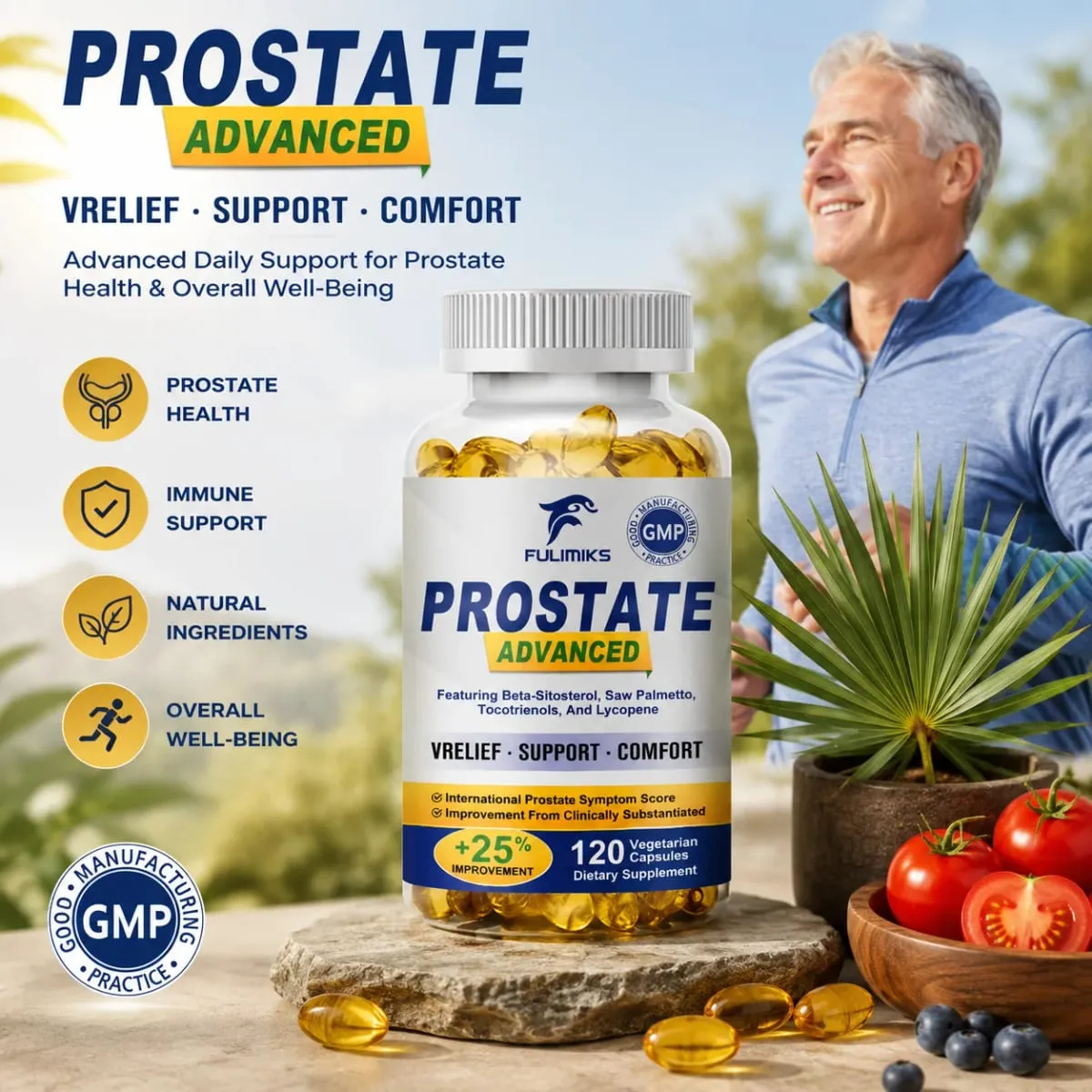 Cápsulas de próstata premium com Saw Palmetto e beta-sitosterol apoiam o fluxo urinário, saúde e conforto da próstata, aliviam a bexiga
