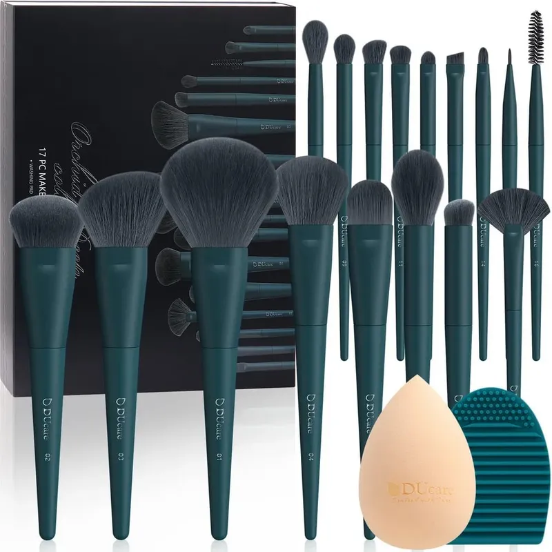 Ducare kits de pincéis de maquiagem profissional cabelo sintético 17 peças com esponja e ferramentas de limpeza almofada para base cosmética sombra