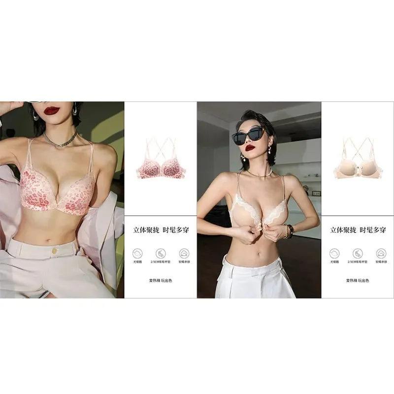Victoria estilo conjunto de lingerie sem fio rosa leopardo padrão fechamento frontal sutiã sensual volta push up para busto pequeno 32-38