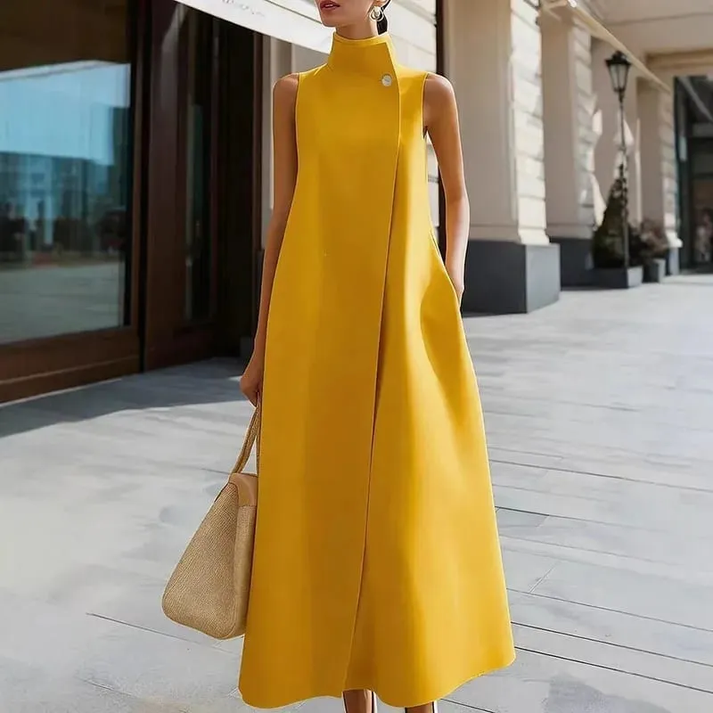 Moda simples único botão gola alta maxi vestido feminino primavera sólido bolso a linha vestido longo verão sem mangas vestidos boêmios