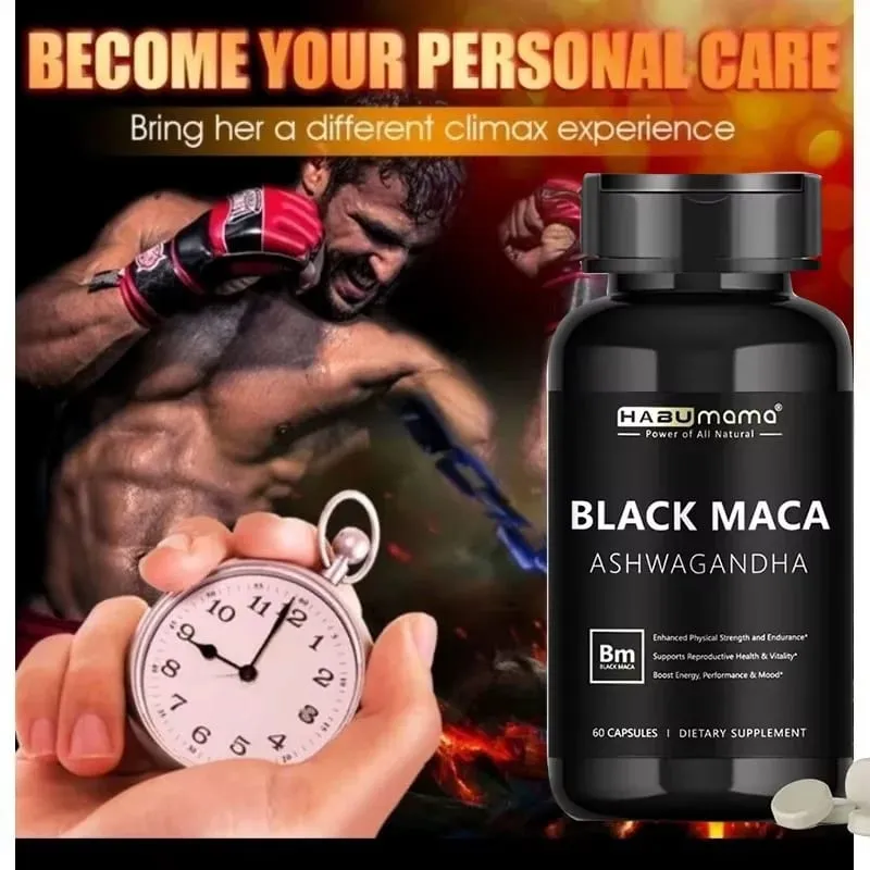 Black Maca Root + Ashwagandha Supplement for Men Stamina Control System Rock-Hard Performance Confidence Discreet Shipping
