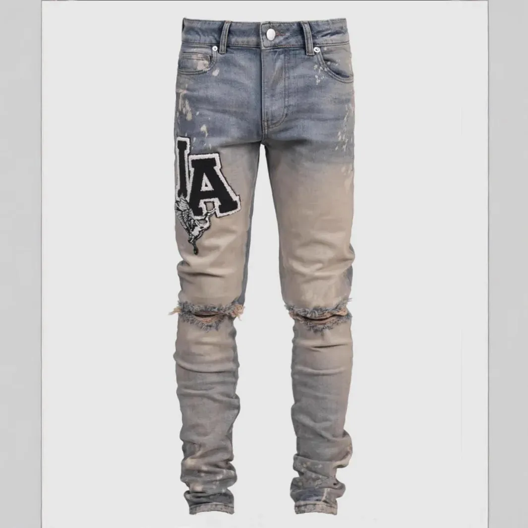 Kakan - Novo jeans masculino azul slim fit com remendo Y2k com design estampado jeans longo marca masculina — image 8