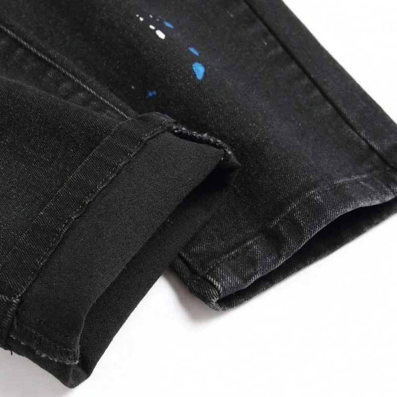 2025 outono novo estiramento jeans moda rasgado retalhos magro europeu americano calças masculinas pintura dot hip hop denim calças — image 5