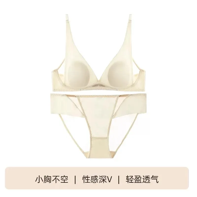 Sutiã triangular francês com orelha de coelho, sutiã sem fio em v profundo para busto pequeno, sem lacuna, conjunto de lingerie sexy respirável, verão fino
