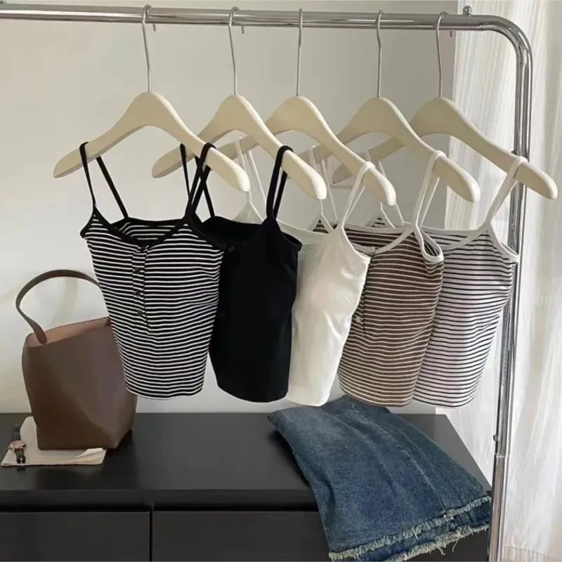 Colete feminino listrado integrado, roupa interna e externa, botão fixo, sem sutiã, top esportivo, estilo curto, algodão 100%, colete curto