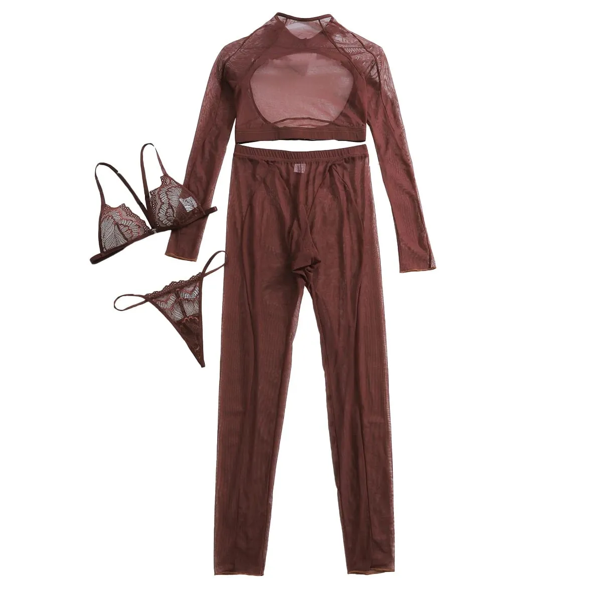 Confortável sem encosto de manga comprida malha transparente moldando sexy renda triângulo copo lingerie conjunto dividido