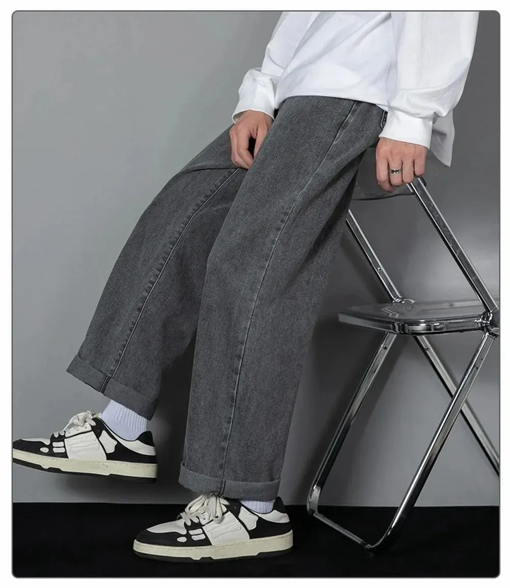 Korean Solid Colors Men's Casual Long Jeans Classic Man Four Seasons Straight Denim Wide-leg Pants Light Blue Grey Black 3XL
