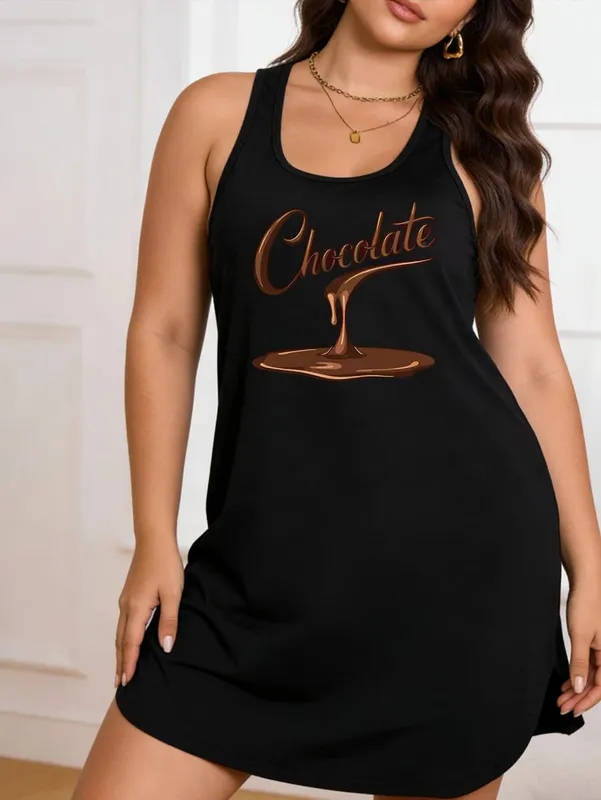Large-Size Lady's 'Chocolate' Print Round-Neck Pullover Dress With a Close-Fitting and Comfortable Design Suitable for Casual