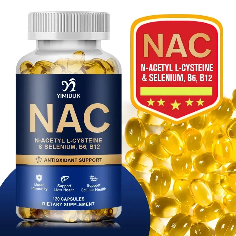Cápsulas NAC puras com vitamina B12 apoiam a hidratação da pele, antioxidante, desintoxicação da saúde celular imunológica, homens e mulheres