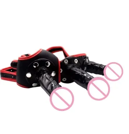 Three Headed Female Dildo Wearing Pants with Red Border Leather Detachable SM Pull-up Pants for Masturbation and Adult Sex Toys