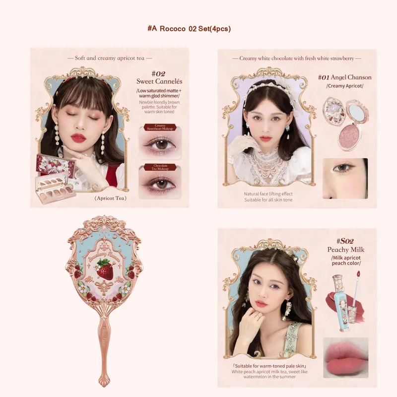 Flor sabe morango rococó série conjunto de maquiagem glitter fosco sombra paleta blush power veludo batom kit perfume conjunto