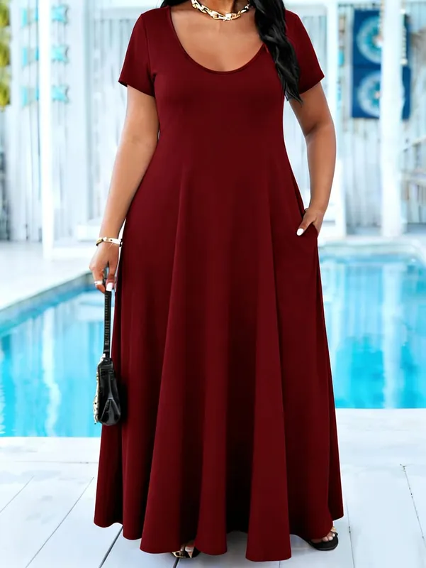 Vestido maxi preto liso feminino plus size, verão, casual, manga curta, gola redonda, vestido longo fluido com bolso, vestidos de praia