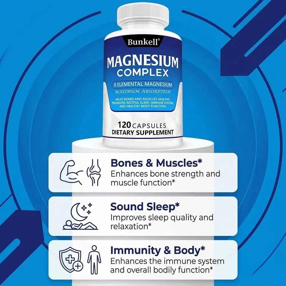 Suplemento Complexo de Magnésio 8 Elemental 1000mg - para Ossos Recuperação Muscular Energia Vegan Não-OGM 120 Cápsulas