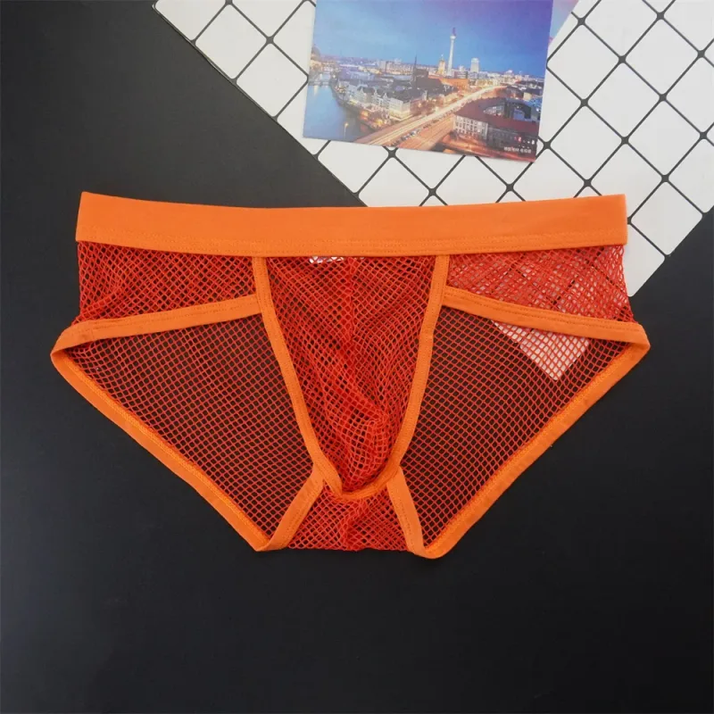 Plus size malha roupa interior masculina transparente grande fishnet u bolsa briefs masculino cintura baixa cor sólida sexy perspectiva calcinha masculina