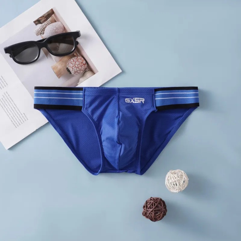 Solid color splicing side waist high fork men's briefs threaded ice silk fashionable low waist men's underwear