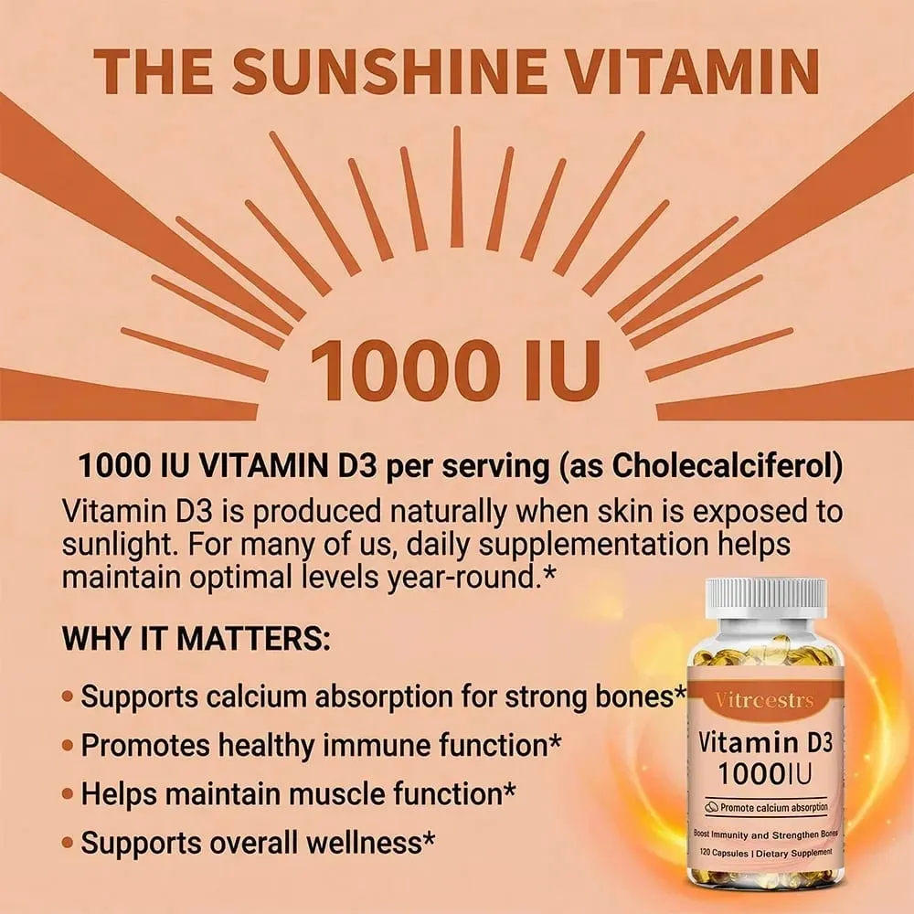Vitamina D3 1000iu para suporte imunológico, função muscular saudável e saúde óssea - 120 cápsulas vegetais sem glúten sem OGM — image 4