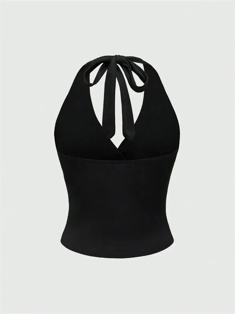 Solid V-neck Backless Halter Crop Top for Women Summer Sexy Y2K Sleeveless Ruched Top Streetwear