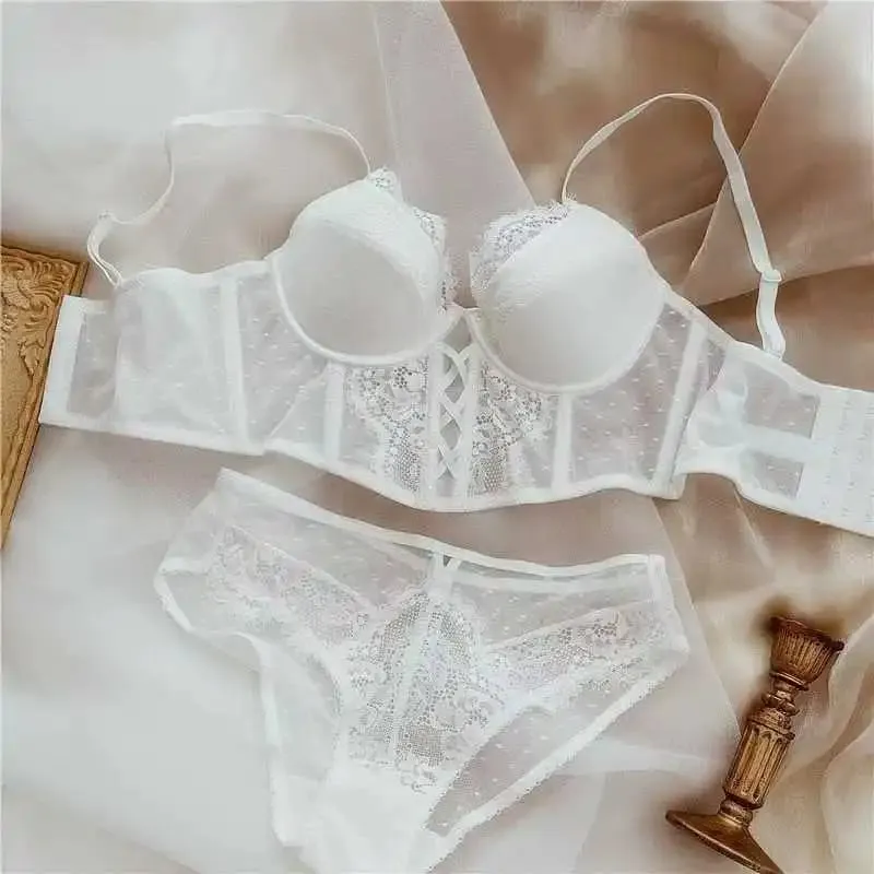 Renda francesa push up conjunto de roupa interior mulher sutiã fino underwire sheer ruched chemise macio petite pequeno busto S-XL petite elegância
