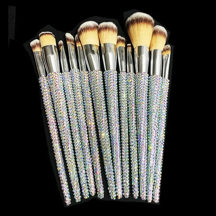 Pincéis de maquiagem cravejados de diamantes 12 Pçs/set Gemas Ferramentas de beleza de maquiagem Full Diamond Loose Powder Foundation Pincel corretivo Bling