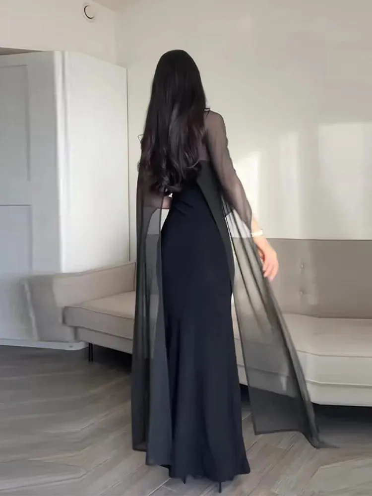 Sheer cape vestidos de noite femininos elegantes fino com decote em v sem costas sem mangas hip pacote vestido para mulher 2026 senhora vestidos de festa — image 5