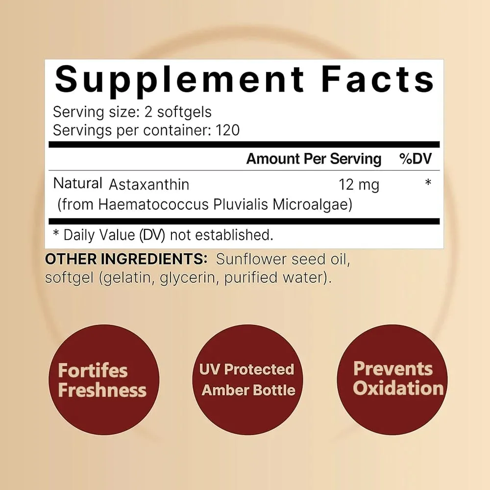 Astaxantina de força tripla 12 mg - Suplemento antioxidante natural de astaxantina não OGM verificado e sem glúten - 120 cápsulas gelatinosas