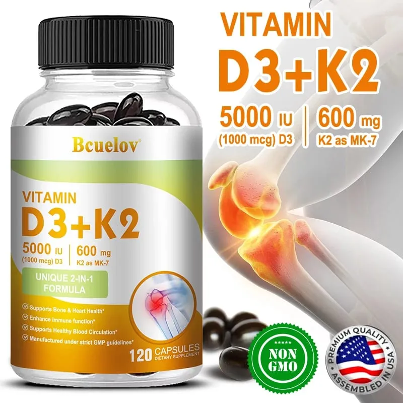 Bcuelov Vitamina D3 + K2 5000 UI Vitamina D3 fórmula não OGM fácil de engolir suplemento dietético complexo de vitamina D e K — image 2