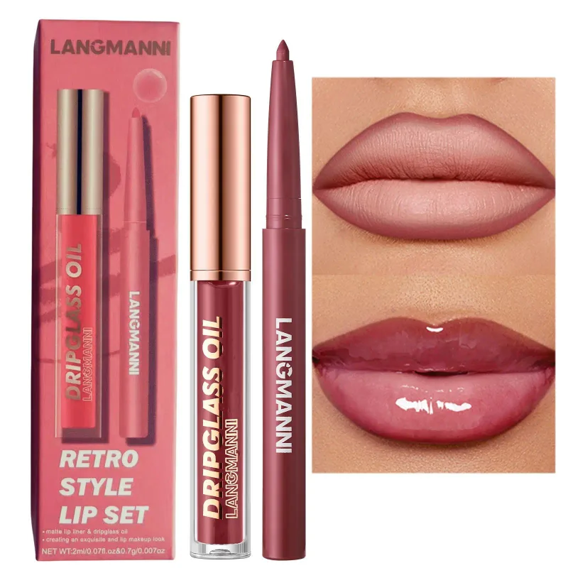 2 pçs/caixa matte veludo lipliner & espelho de vidro brilho labial à prova dwaterproof água de longa duração não-pegajoso roxo marrom forro lábio combinação conjunto de maquiagem