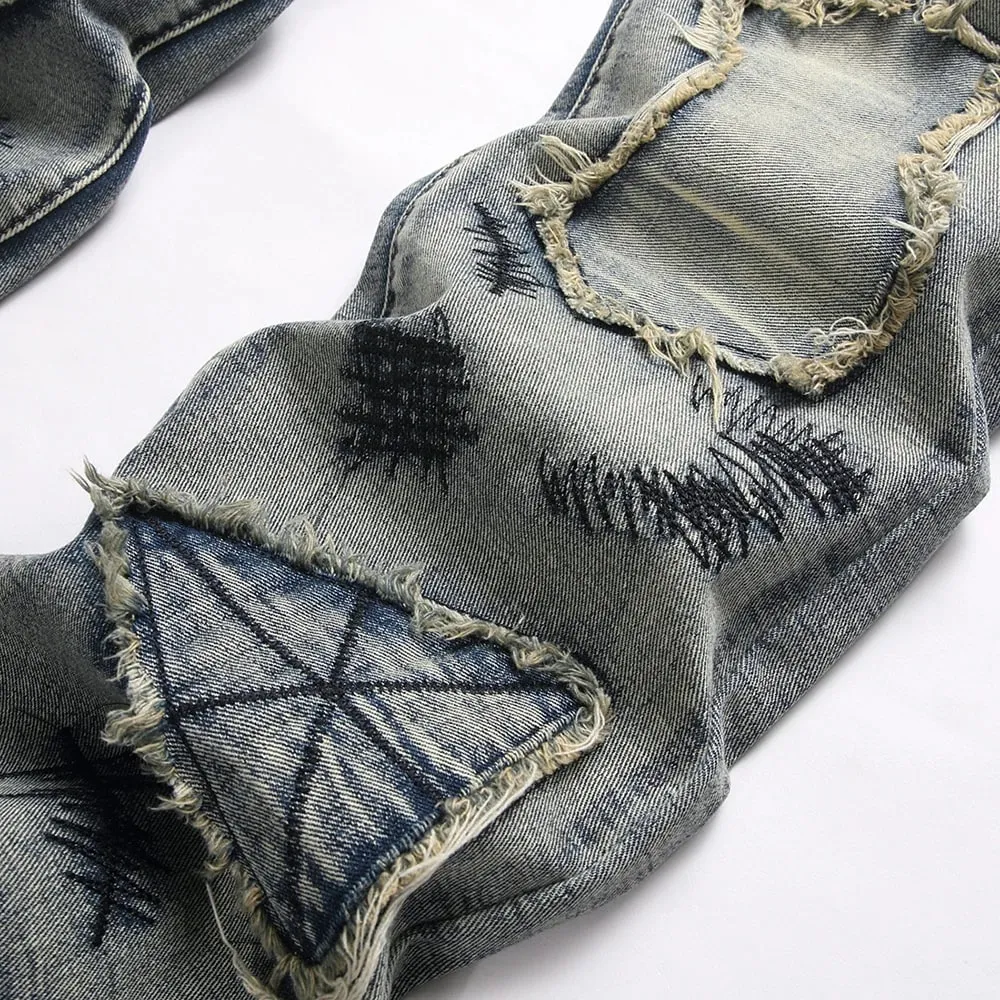 Men's Boot Cut Jeans Streetwear Patches Released Hem Pants Vintage Blue Embroidery Patchwork Flared Trousers