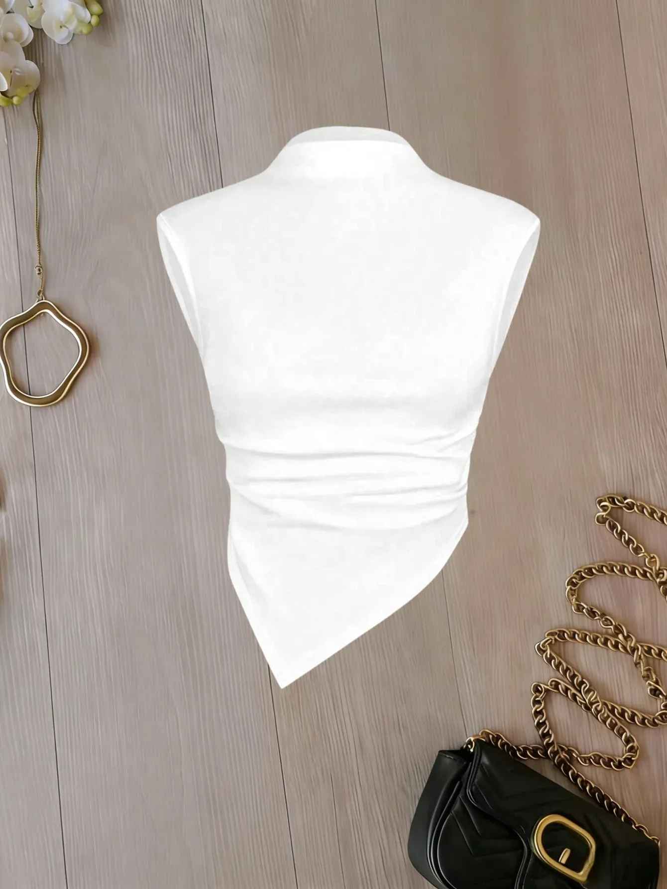 Conjunto feminino com gola simulada, sem mangas, bainha assimétrica, 2 pacotes, cor sólida, cami