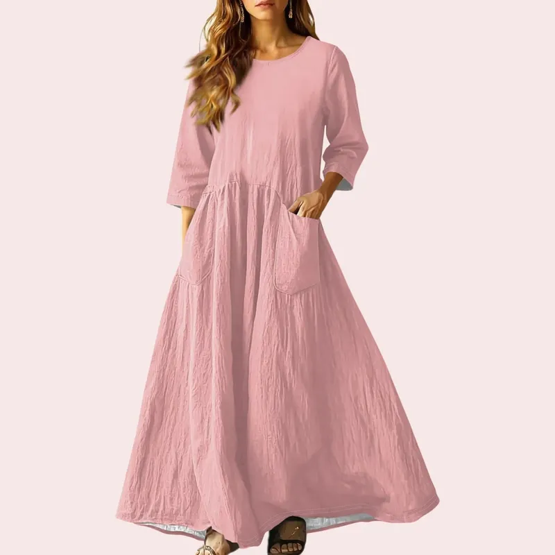 Women's Summer Loose Long Dresses Solid Color Three-quarter Sleeve Double Pocket Dress Loose Round Neck Linen Dress Vestidos — image 14