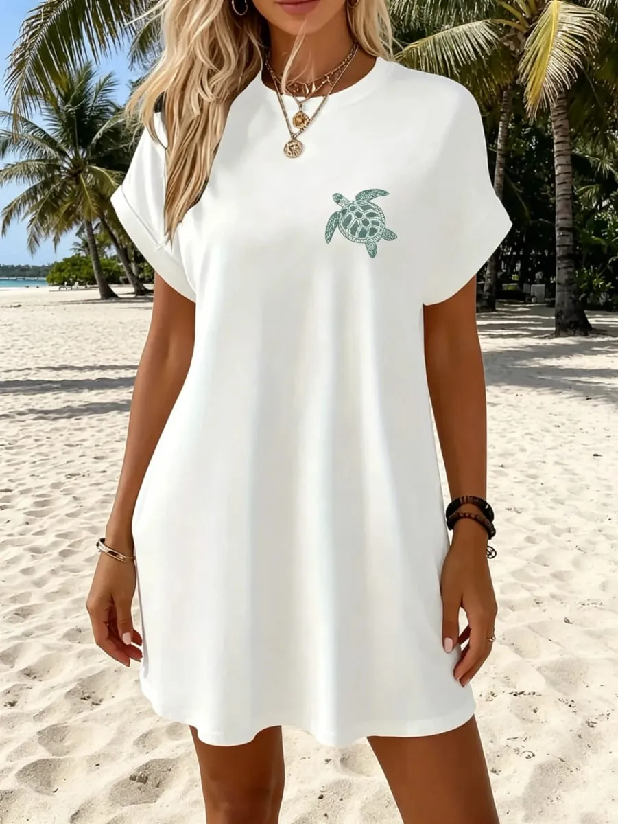Vestido feminino casual elegante com estampa de tartaruga verde branco cor sólida manga curta saia curta