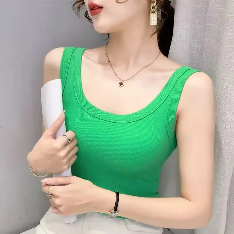 2023 verão feminino básico com nervuras de malha regata cor sólida sem mangas camisetas casuais camis verde azul elástico feminino topos