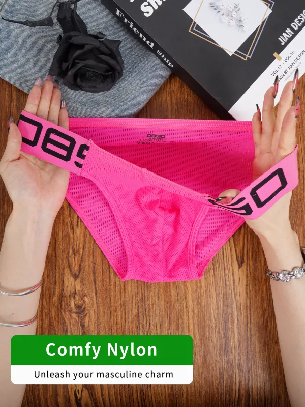 Cuecas masculinas de mistura de nylon, cuecas respiráveis ​​com letras de chifre em relevo, cintura elástica larga, cor fluorescente, roupa íntima sexy