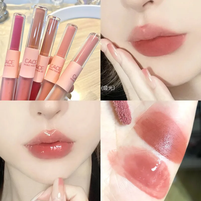 Batom líquido de cabeça dupla hidratante, esmalte labial de longa duração, lama labial fosca 2 em 1, brilho labial à prova d'água, cosméticos