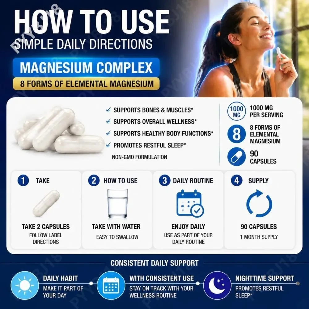 Cápsulas de complexo de magnésio com 8 formas de suplemento mineral de magnésio para suporte ósseo e muscular e sono reparador 90 cápsulas