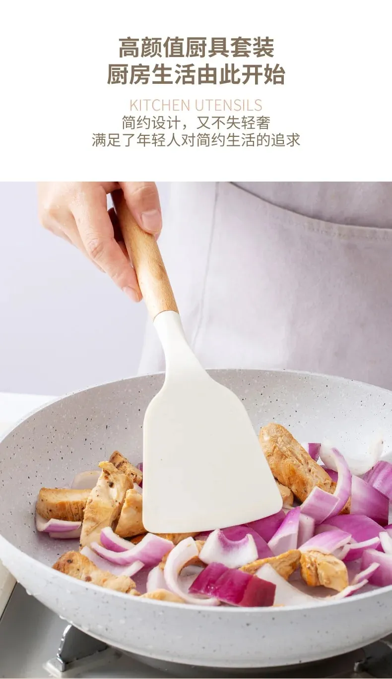 2/12 pçs conjunto de utensílios de cozinha de silicone branco com alça de madeira espátula de panelas resistente ao calor antiaderente ferramentas de cozinha — image 9