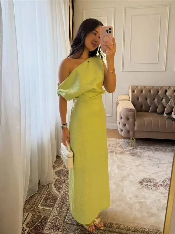 Elegante um ombro assimétrico vestido longo plissado chique cor sólida gola inclinada magro cinched fenda algodão linho mistura vestidos
