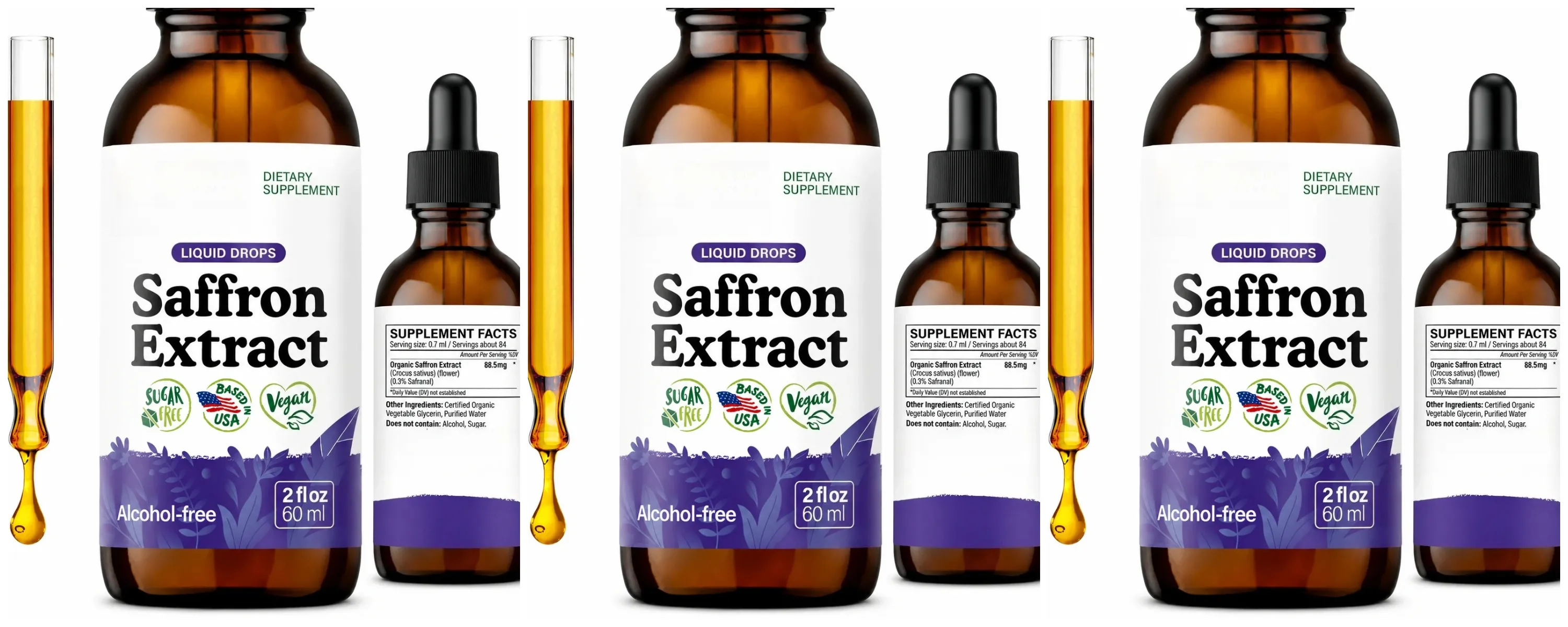 Extrato líquido de açafrão orgânico cai suplemento de ervas à base de plantas vegan açúcar sem álcool 60ml suplementos diários de saúde