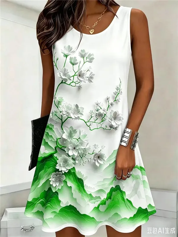 Padrão de flor feminino mini vestidos verão sem mangas 3d floral impresso estilo rua senhoras vestido 3xl plus size solto vestido casual