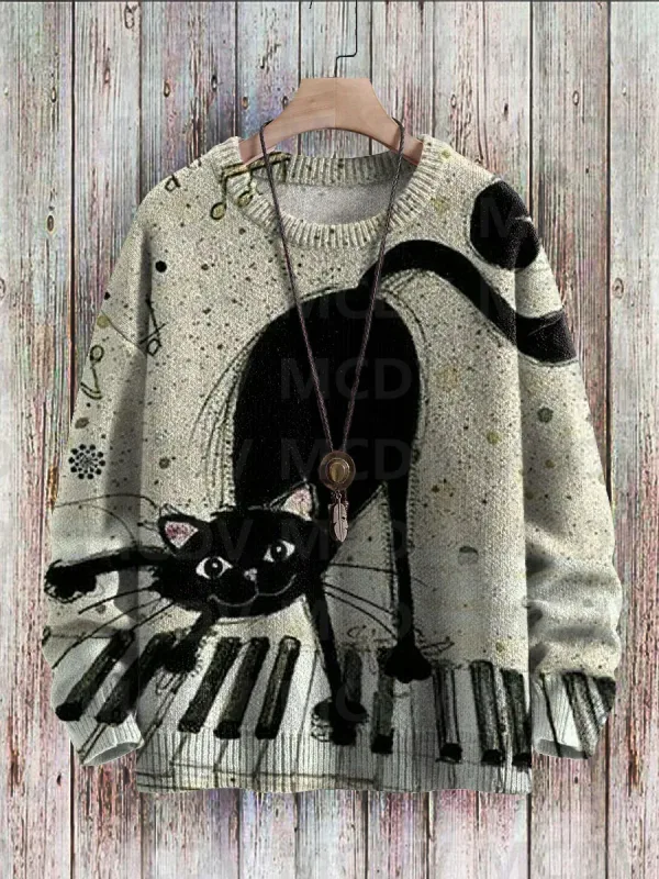 Cute Black Cat Flower Birds Art Pattern Print Casual Knit Pullover Sweater Classic Sweater Men's For Women's Pullover