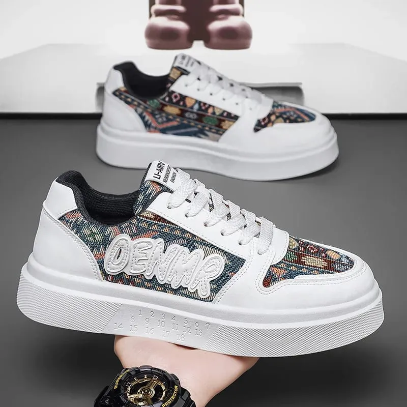 Homens primavera verão tênis plataforma sapatos de retalhos étnicos tecido casual skate rendas até calçados masculinos