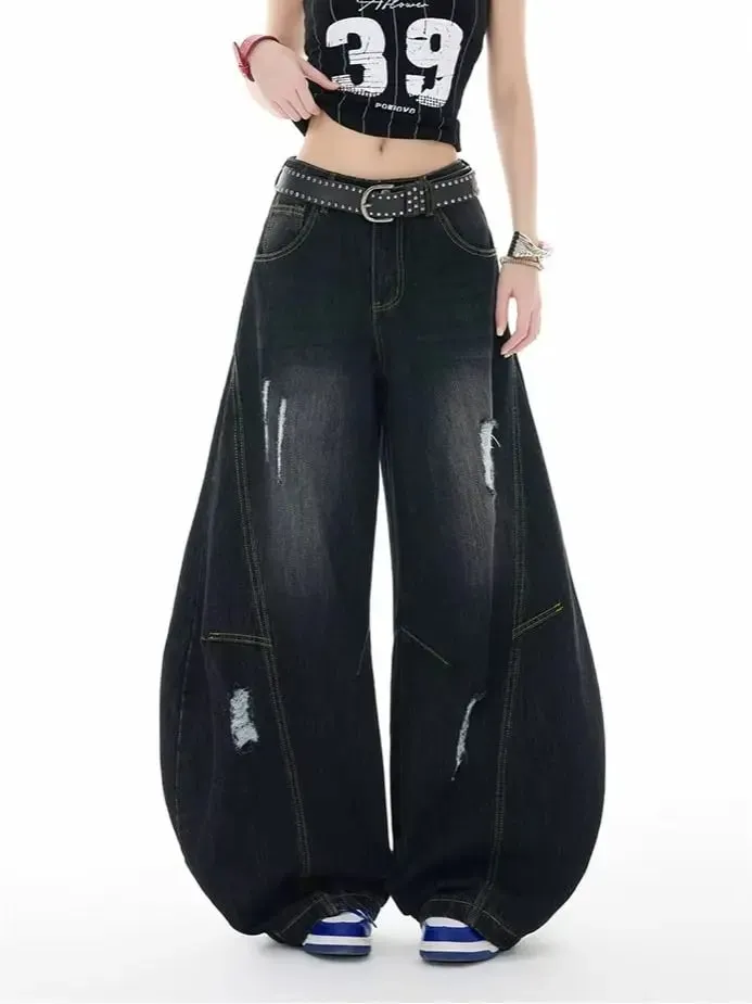 Calças de brim de perna curvada estilo retro unissex ajuste relaxado retalhos macio durável feminino masculino versátil lavado calças de perna larga